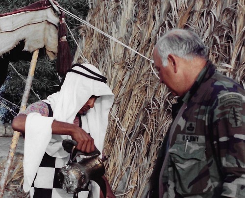 Bill Komenda in Israel having an Arab tea in 1992.